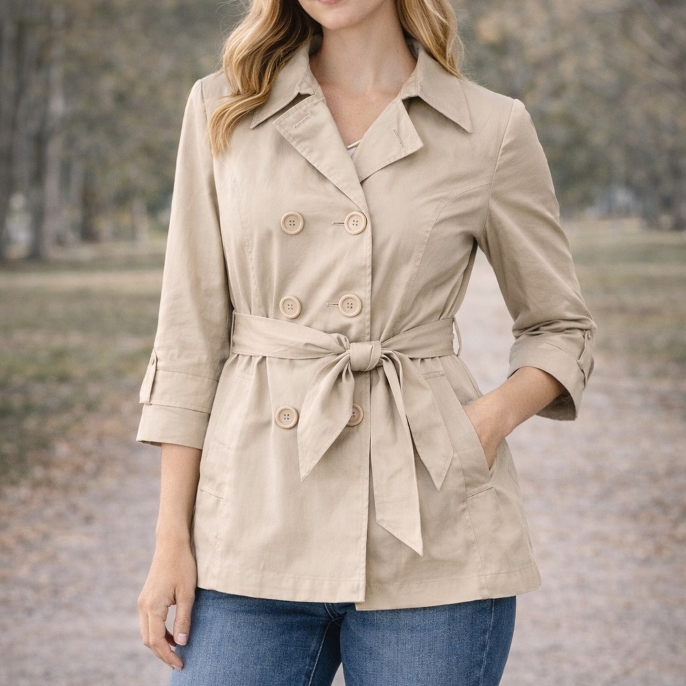 Classic Beige Double-Breasted Trench Coat with Belt